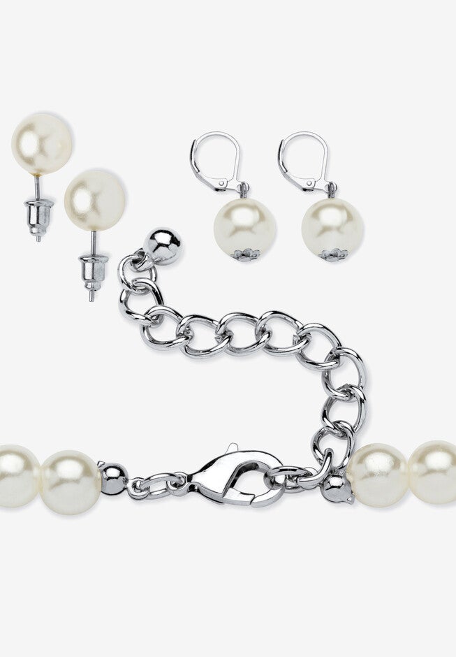 Simulated Pearl Silvertone Necklace And 2-Pair Earrings Set, , on-hover image number null