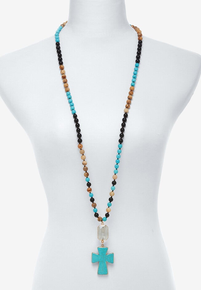 Genuine Turquoise Jasper And Multicolor Agate Beaded Cross Necklace 40 Inch, , alternate image number null