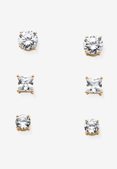 Gold Tone 3 Pair Stud Earrings (8x8mm) Cubic Zirconia, GOLD, hi-res image number null