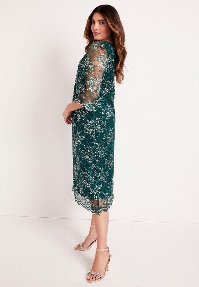 metallic lace sheath dress Calvin Klein Metallic Floral Lace Sheath Dress V-Neck 3/4 Sleeve MOB 16W NWT