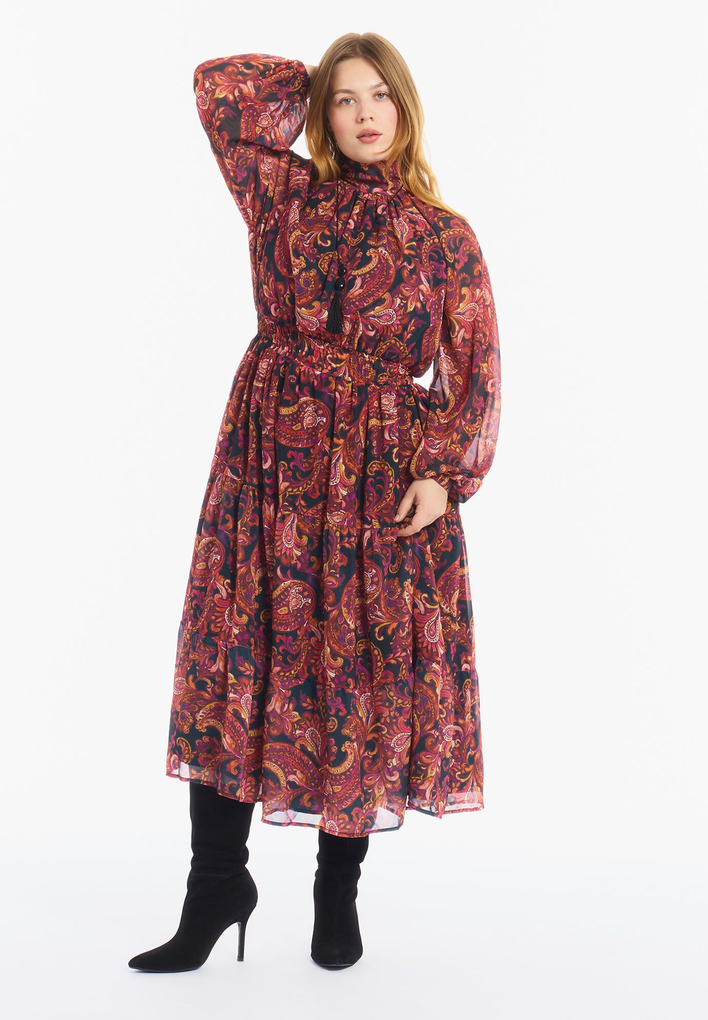 Mock-Neck Chiffon Midi Dress