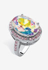 Silver Tone Aurora Borealis and Pink Halo Cocktail Ring, CUBIC ZIRCONIA, hi-res image number 0