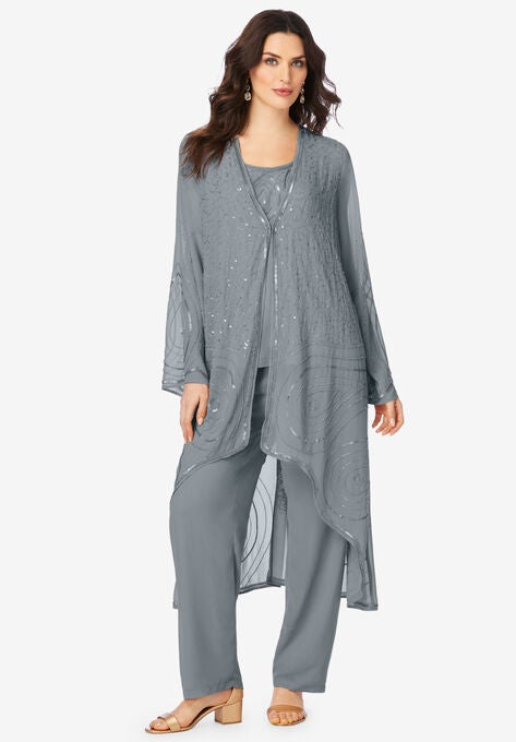 Three-Piece Beaded Pant Suit, GUNMETAL, hi-res image number null