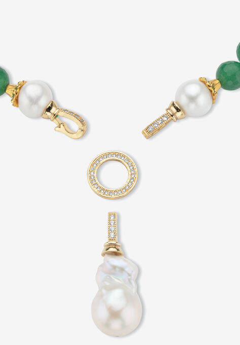 Goldtone Y Neck Necklace, Round Jade Beads And Genuine Pearls, 20 Inches Jewelry, , on-hover image number null