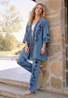 Plus Size Chambray Embroidered Kimono