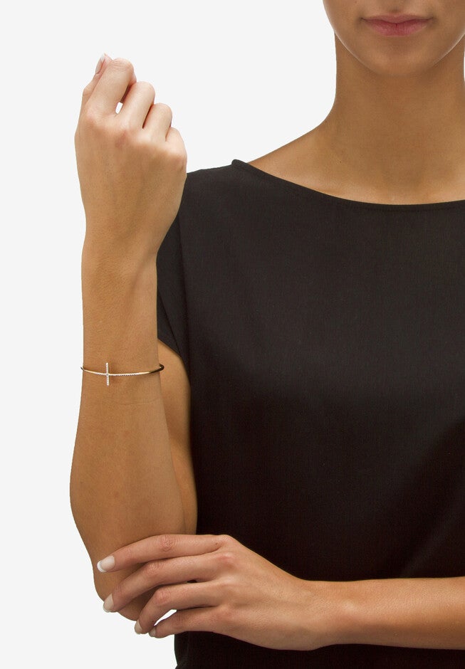 Pave Diamond Accent Horizontal Cross Bracelet 18K Gold-Plated, , alternate image number 2