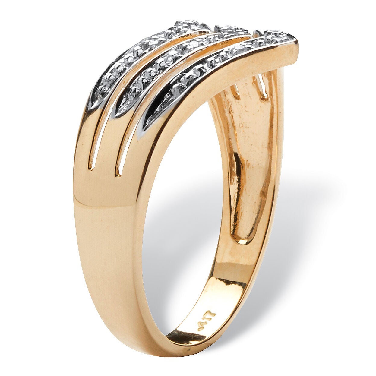 White Diamond Accent 10k Yellow Gold Triple-Row Chevron Ring, WHITE, on-hover image number 1