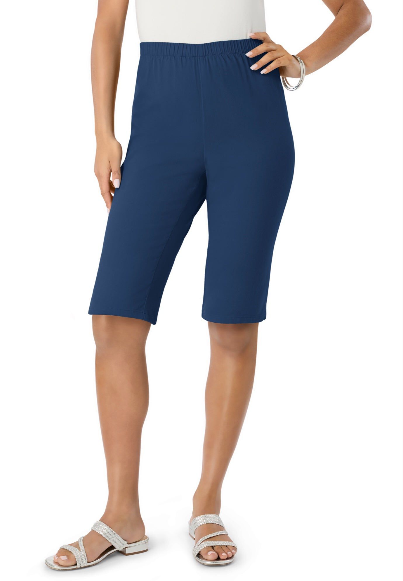 Plus Size Comfort Stretch Bermuda Jean Short, DARK WASH SANDED, hi-res image number 0