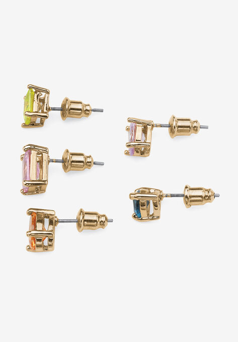 Multi Color Cubic Zirconia 5 Pair Multi Cut Gold Tone Stud Earring Set, , on-hover image number null