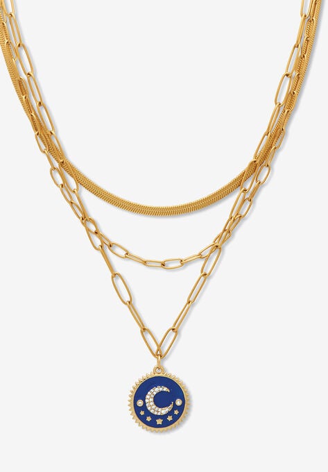 Yellow Gold Ion-Plated Stainless Steel 3-Strand Layered Necklace Set With Celestial Pendant, GOLD, hi-res image number null