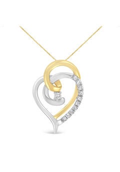 Yellow And White Gold Diamond Accent Open Double Heart Spiral Curl Pendant Necklace