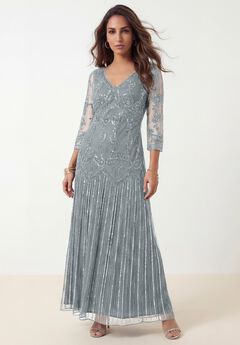 Plus Size Beaded V-Neck 3/4 Sleeve Sleeve Maxi Gown