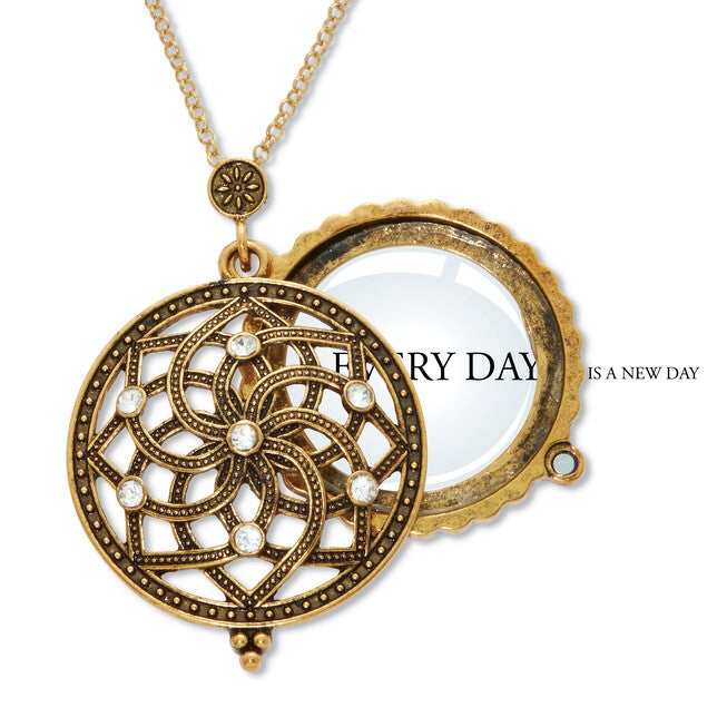 Mandala Flower Magnifying Glass Goldtone Pendant Necklace 23 inches, WHITE, hi-res image number 0