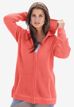 Plus Size Waffle Knit Zip-Front Relaxed Hoodie