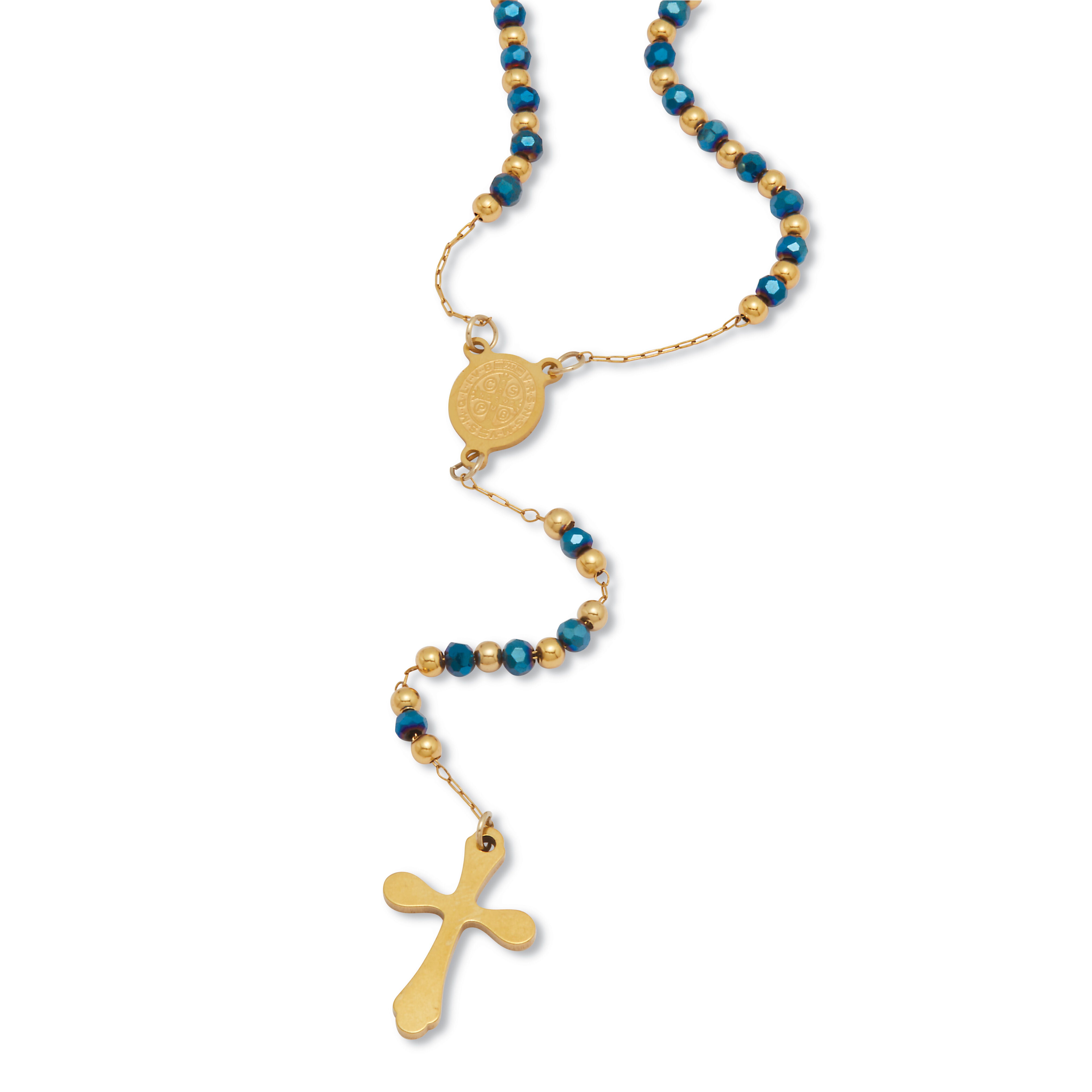 Yellow Gold Ion-Plated Stainless Steel Crystal Beaded Rosary Necklace 21-inch, BLUE, hi-res image number 0