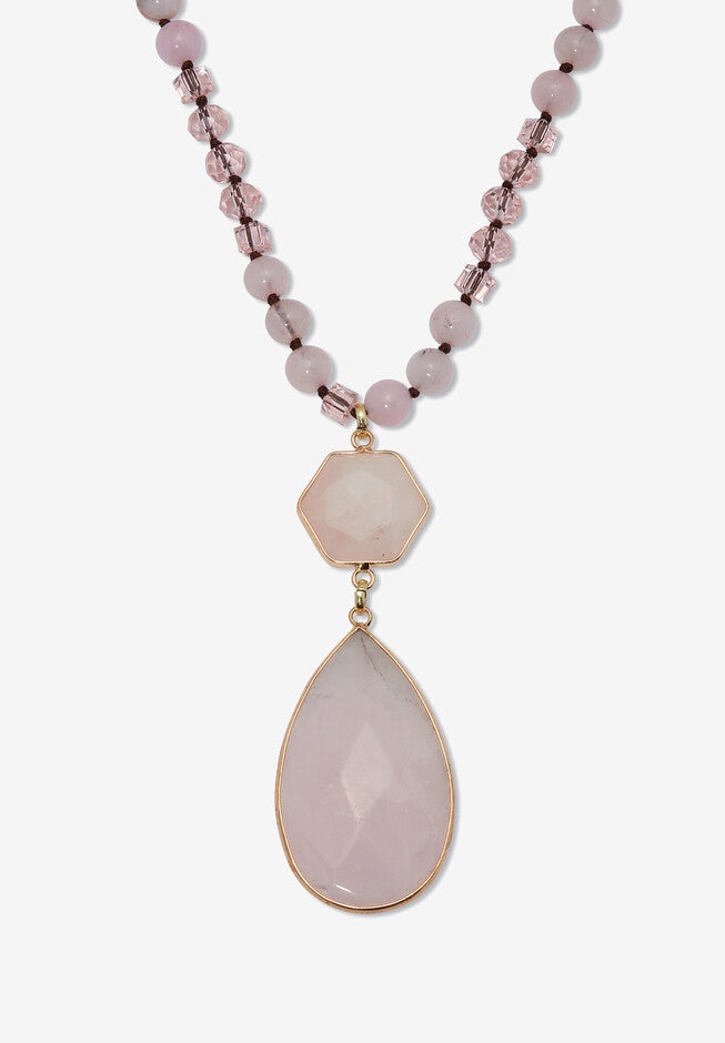 130.05 Tcw Genuine Rose Quartz Beaded Goldtone Drop Necklace 34-Inch, ROSE, hi-res image number null