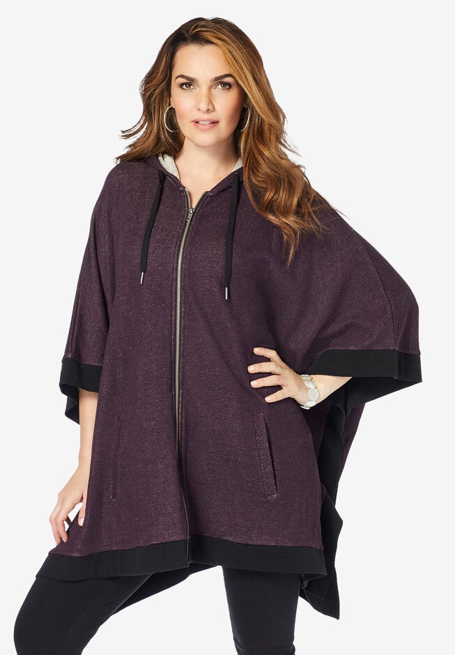 Hooded Zip Poncho, DARK BERRY MARLED, hi-res image number null