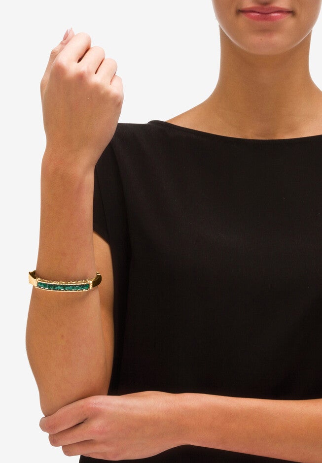 3.24 Cttw. Round Pave Simulated Emerald Goldtone Bangle Bracelet 8 inches, , alternate image number null