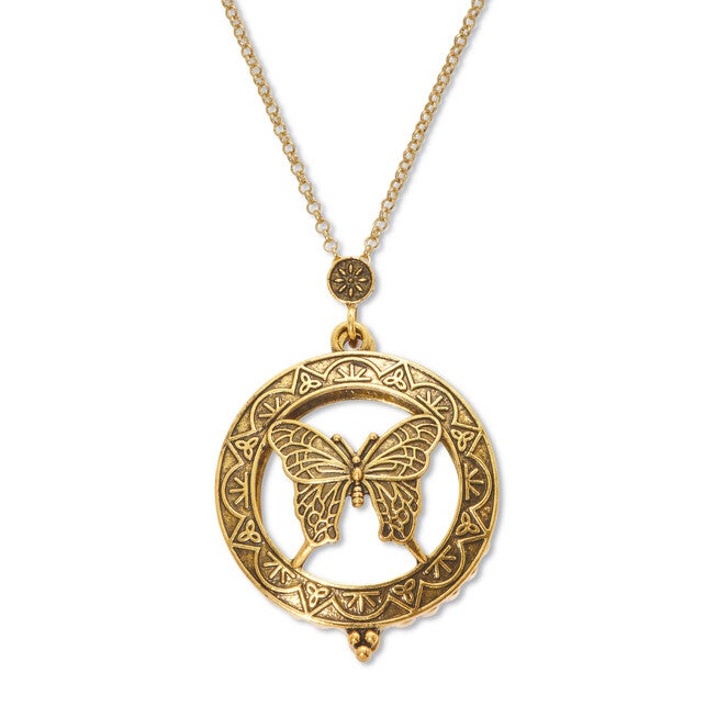 Butterfly Magnifying Glass Goldtone Pendant Necklace 24 inches, YELLOW, alternate image number 3