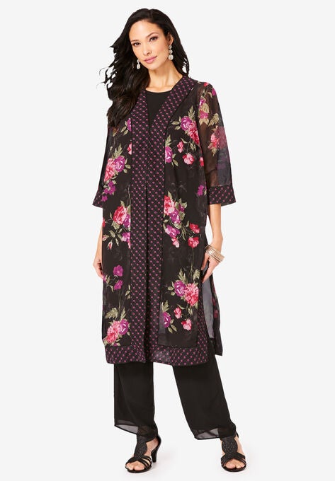 Three-Piece Duster & Pant Suit, PINK PAINTED FLORAL, hi-res image number null