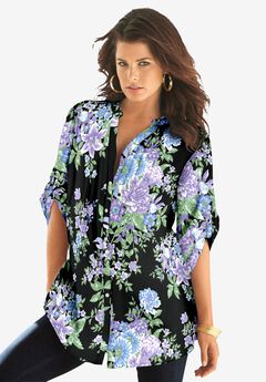 Plus Size Floral Y-Neck Pintuck Tunic – Adjustable Long Sleeve Button-Front, Relaxed Shirt Style