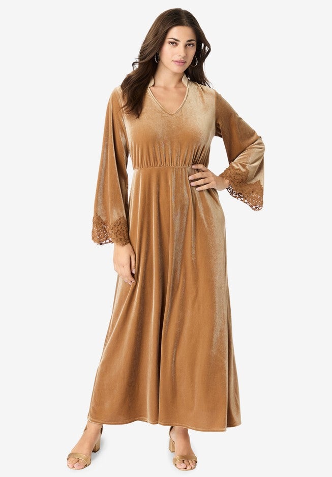 Lace-Trim Velour Maxi Dress, ALMOND BROWN, hi-res image number null