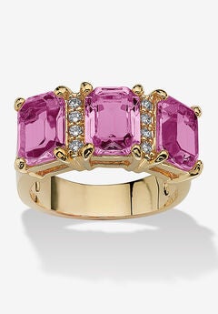 Yellow Gold-Plated Emerald Cut 3 -Stone Simulated Birthstone & CZ Ring