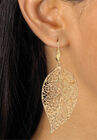 Filigree Leaf Drop Earrings In Yellow Goldtone, , alternate image number null