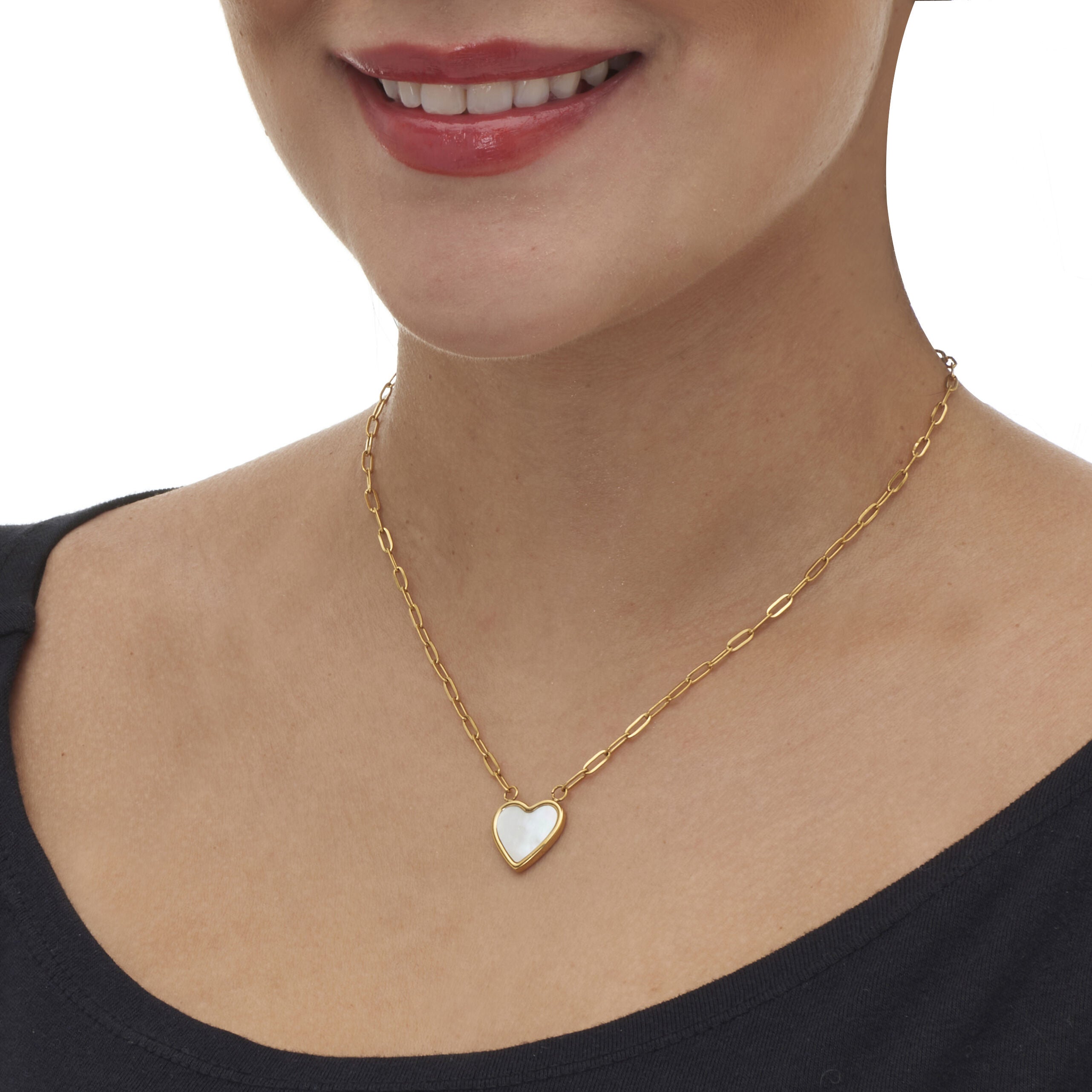 Mother of Pearl Gold Ion-Plated Stainless Steel Heart Necklace 18 to 20-inch, WHITE, alternate image number 2