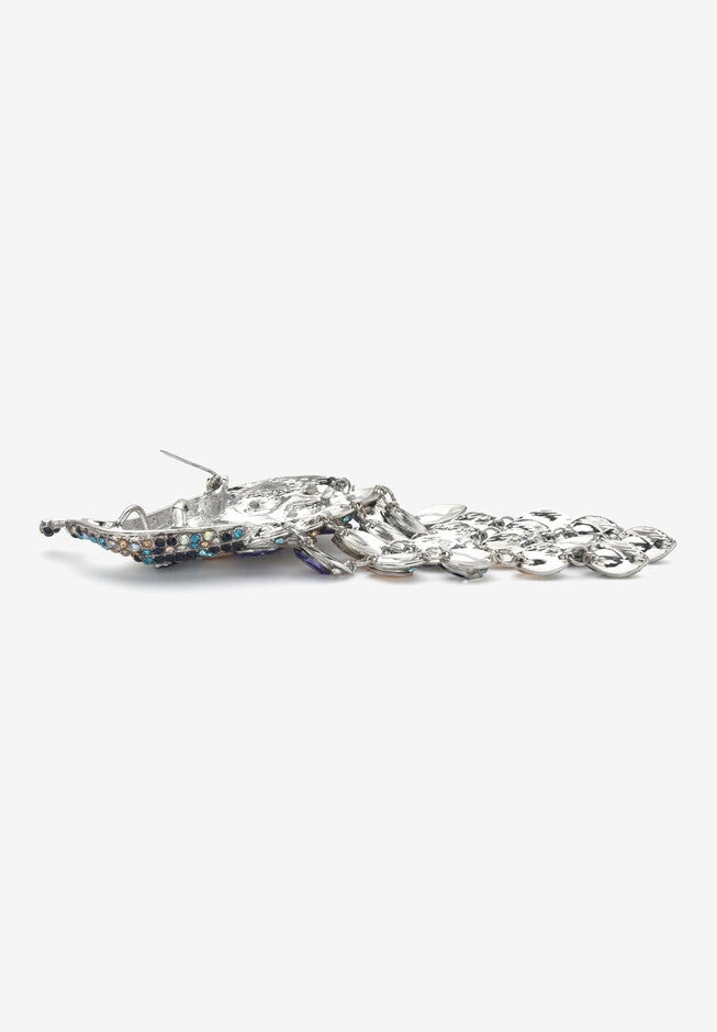 Marquise Cut Multi-Colored Crystal Peacock Pin Silvertone 5 1/2 inches Length, , on-hover image number 1