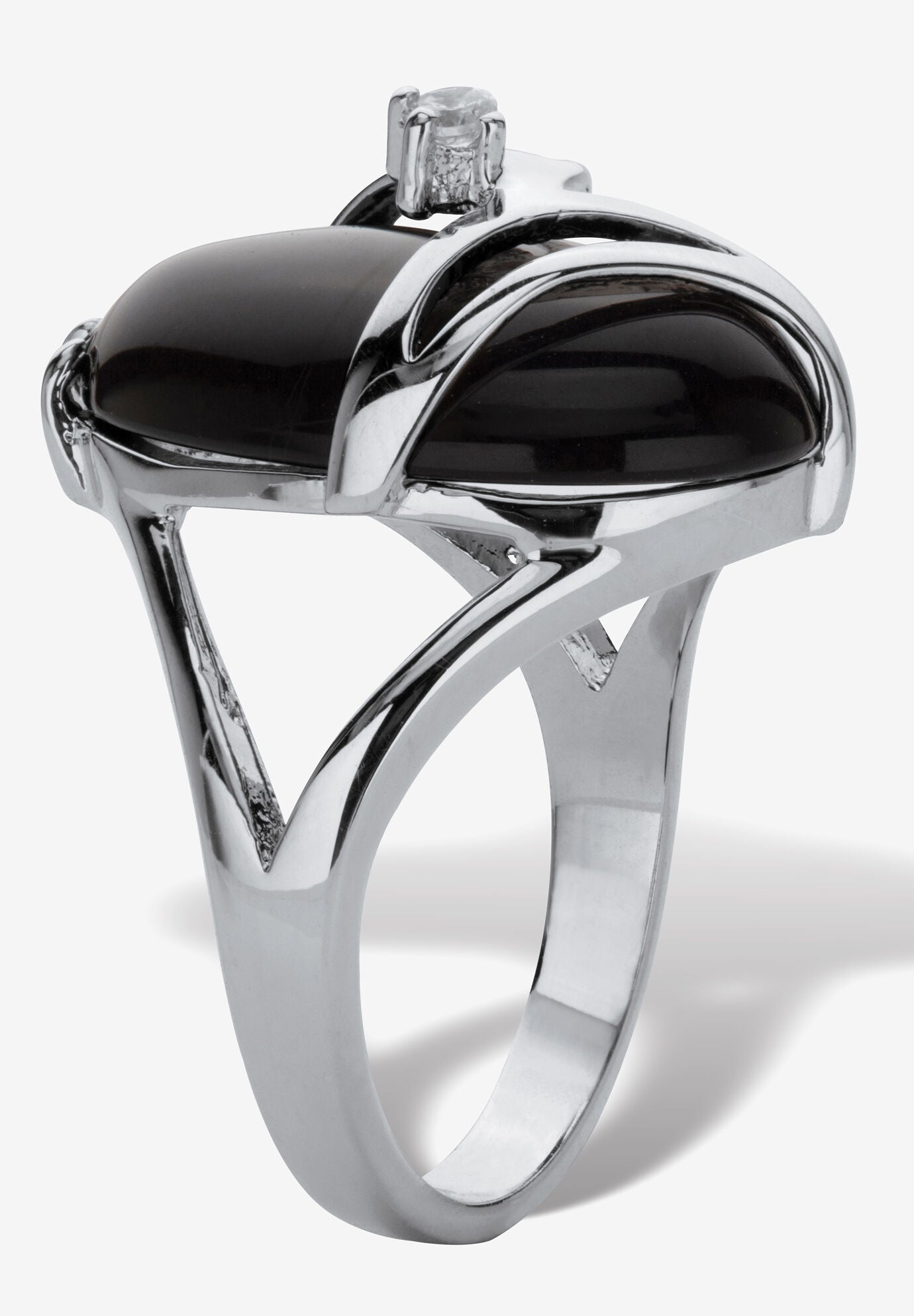 Oval-Shaped Onyx & Crystal Accent Cocktail Ring In Platinum-Plated, , on-hover image number 1