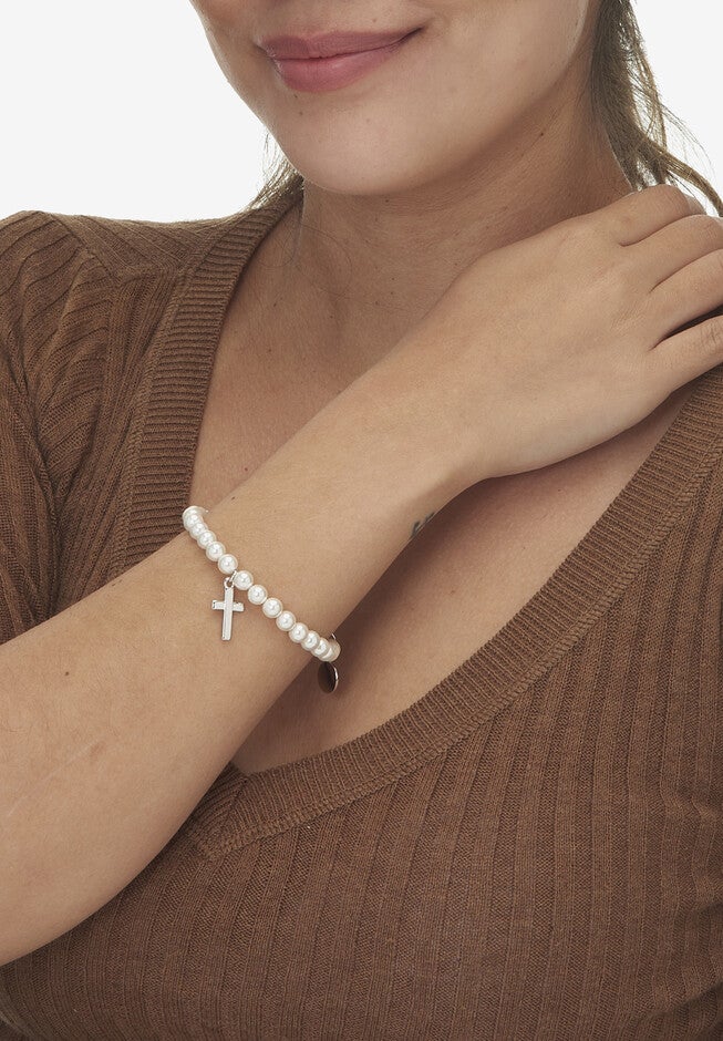 Genuine Cultured Freshwater Pearl Silvertone Cross Charm Bangle, 7.5 Inches, , alternate image number null
