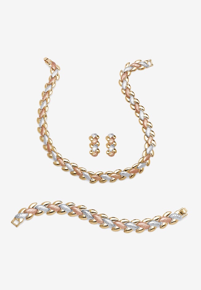 Tri Tone Goldtone Rosetone Silvertone Interlocking Link Necklace, Bracelet And Earring Set, 17 Inches Jewelry, , alternate image number null