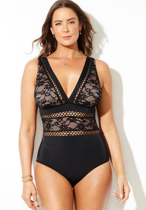 Lace Lattice One Piece Swimsuit, BLACK, hi-res image number null