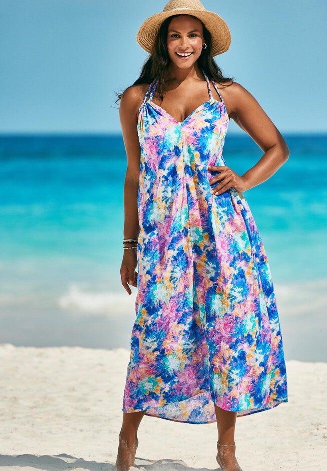 Braided Strap Gauze Maxi Dress for Beach Days, Summer Tie Dye Braided Strap Gauze Maxi Dress for Beach Days, Summer Tie Dye