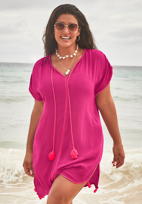 Caftan Tassel Beach Tunic Cover Up, FRUIT PUNCH CORAL, hi-res image number null
