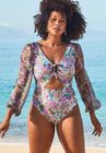 Cup Sized Chiffon Sleeve One Piece Swimsuit, GARDEN DREAM, hi-res image number 0