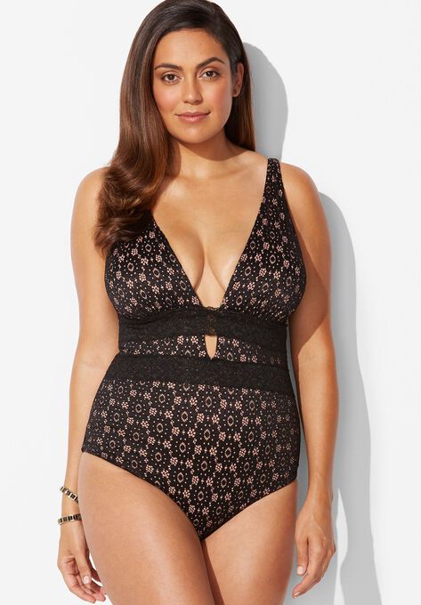 Lace Plunge One Piece Swimsuit, , alternate image number null