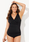 Surplice Sarong Front One Piece Swimsuit, BLACK, hi-res image number null