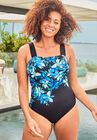 Square Neck Engineered One Piece Swimsuit, BLUE FLORAL, hi-res image number 0
