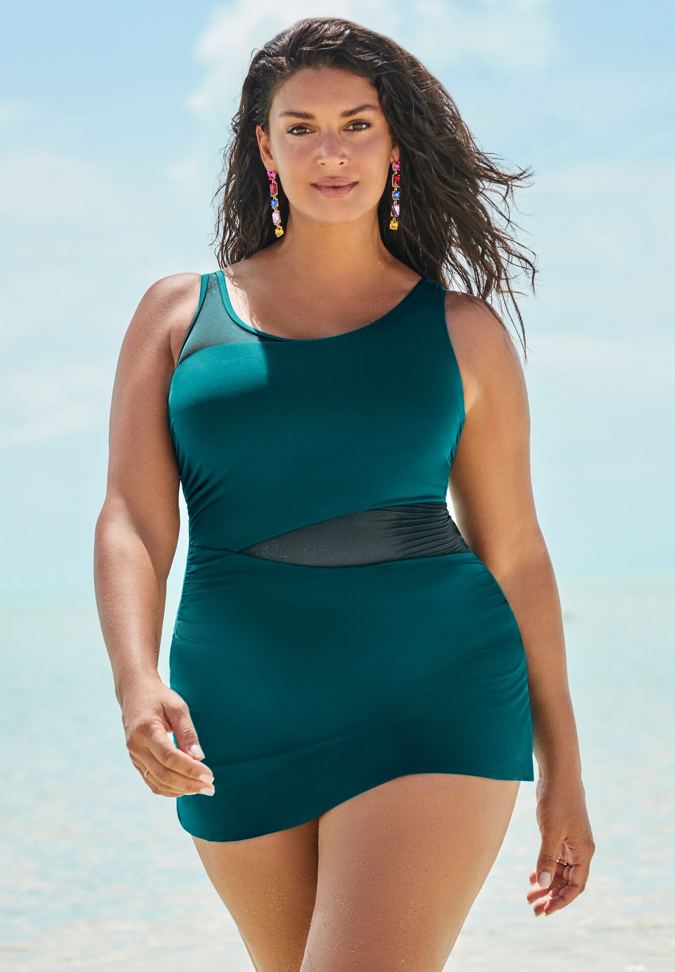 Mesh Panel Underwire Swimdress 8 26 Tummy Control Mediterranean Catherines