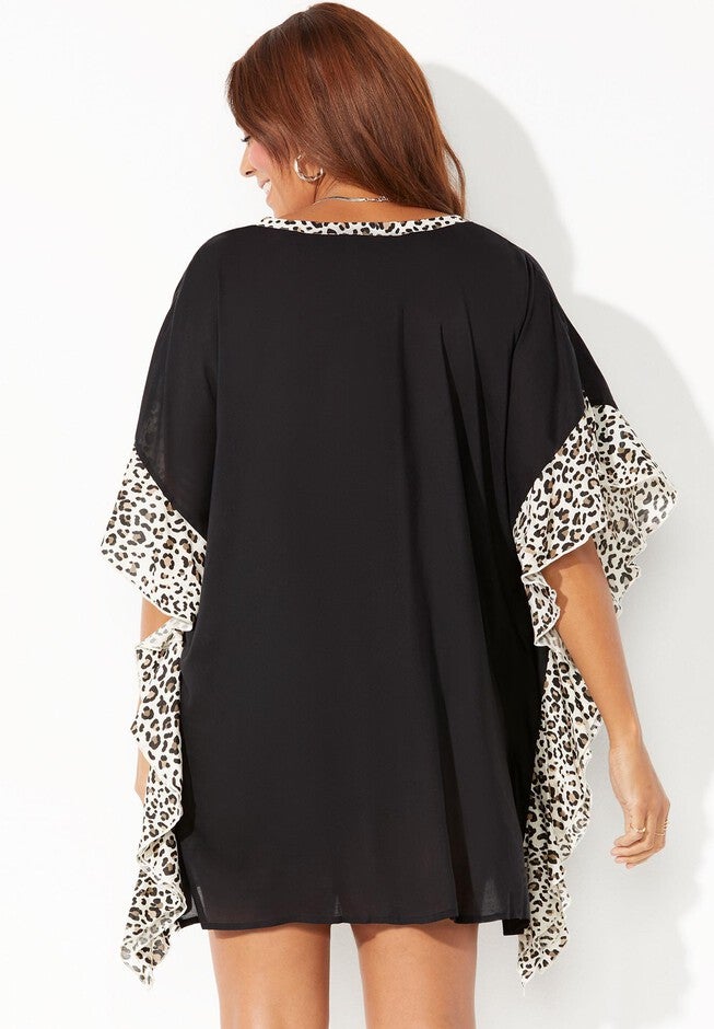 Emi Printed Trim Cover Up Tunic, BLACK SNOW LEOPARD, on-hover image number null