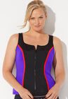 Chlorine Resistant Colorblock Zip Front Tankini Top, , alternate image number null