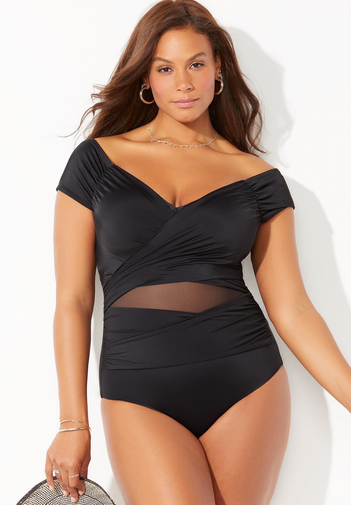Cap Sleeve Cut Out One Piece Swimsuit, BLACK, hi-res image number 0