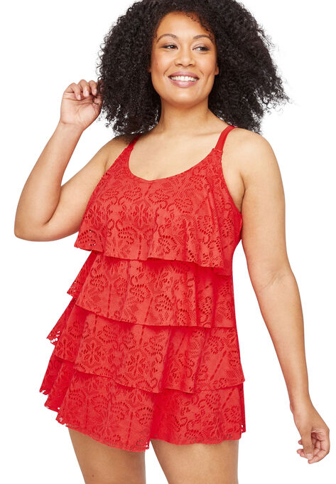 Crochet Flounce Swimdress, RED, hi-res image number null