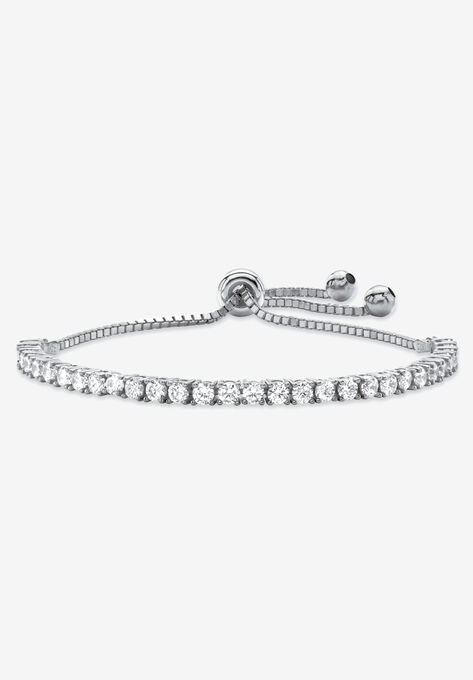 Round Cubic Zirconia, Bolo Bracelet (4mm), in silvertone, 10" Adjustable, SILVER, hi-res image number null