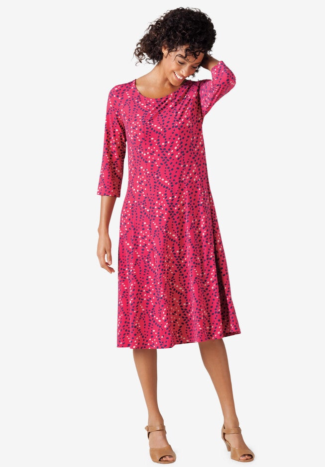 Three Quarter Sleeve A-line Dress, BRIGHT CHERRY DARK NAVY DOT, hi-res image number null