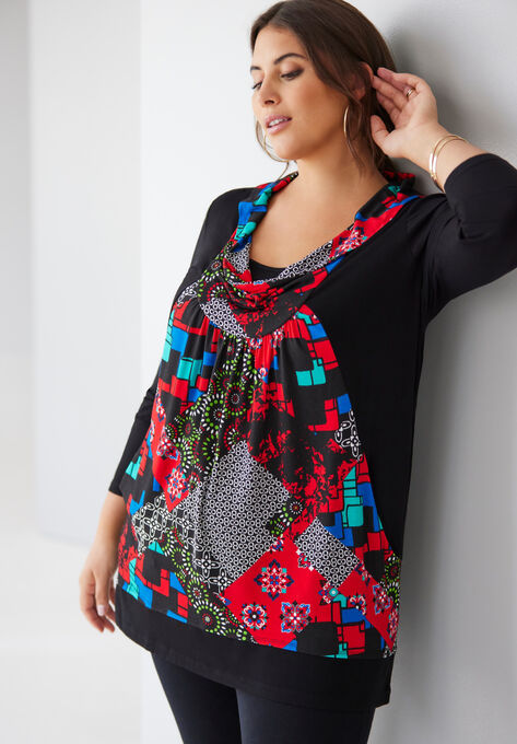 Layered Look Tunic, BLACK GEO PATCHWORK, hi-res image number null