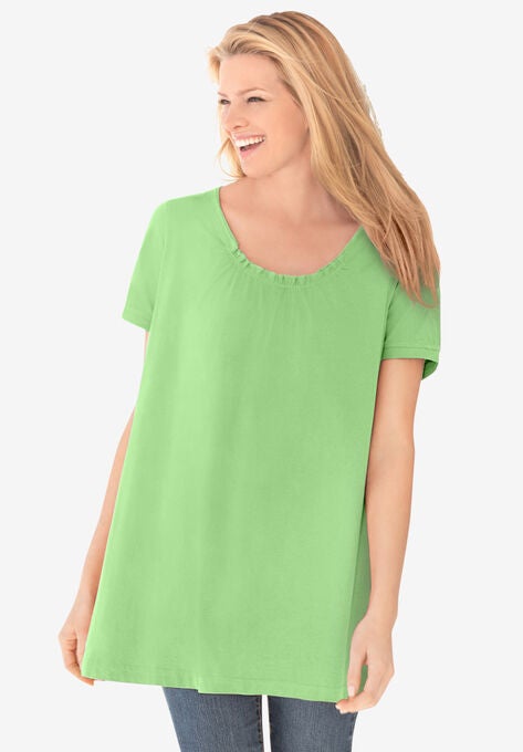 Perfect Short-Sleeve Shirred U-Neck Tunic, PISTACHIO, hi-res image number null