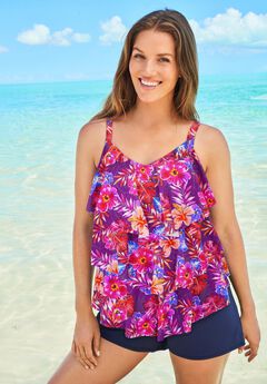 Longer-Length V-Neck Tiered-Ruffle Tummy Control Tankini Top